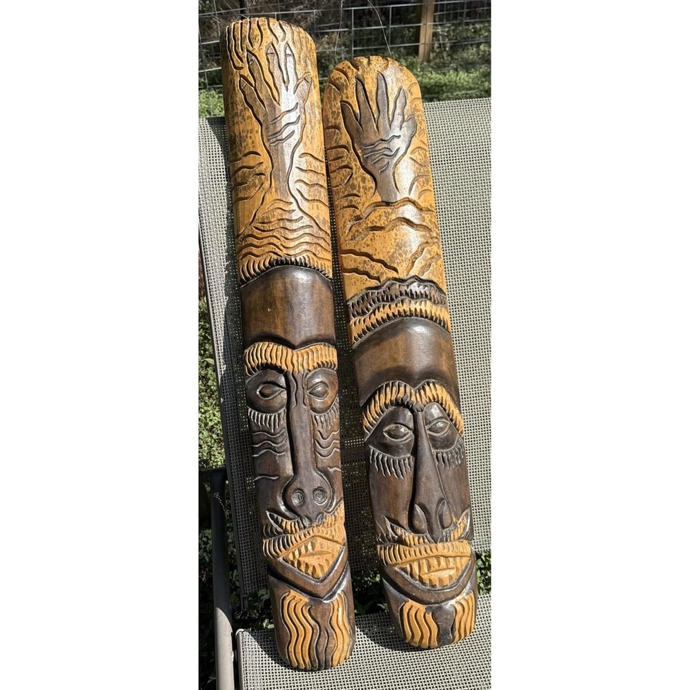 VTG Hand Carved Wood Tribal Wall Plaques Pair 36" Tiki Polynesian Masks